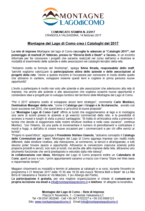 Comunicato Stampa n. 02 - Workshop Cataloghi 2017 Montagne Lago di Como
